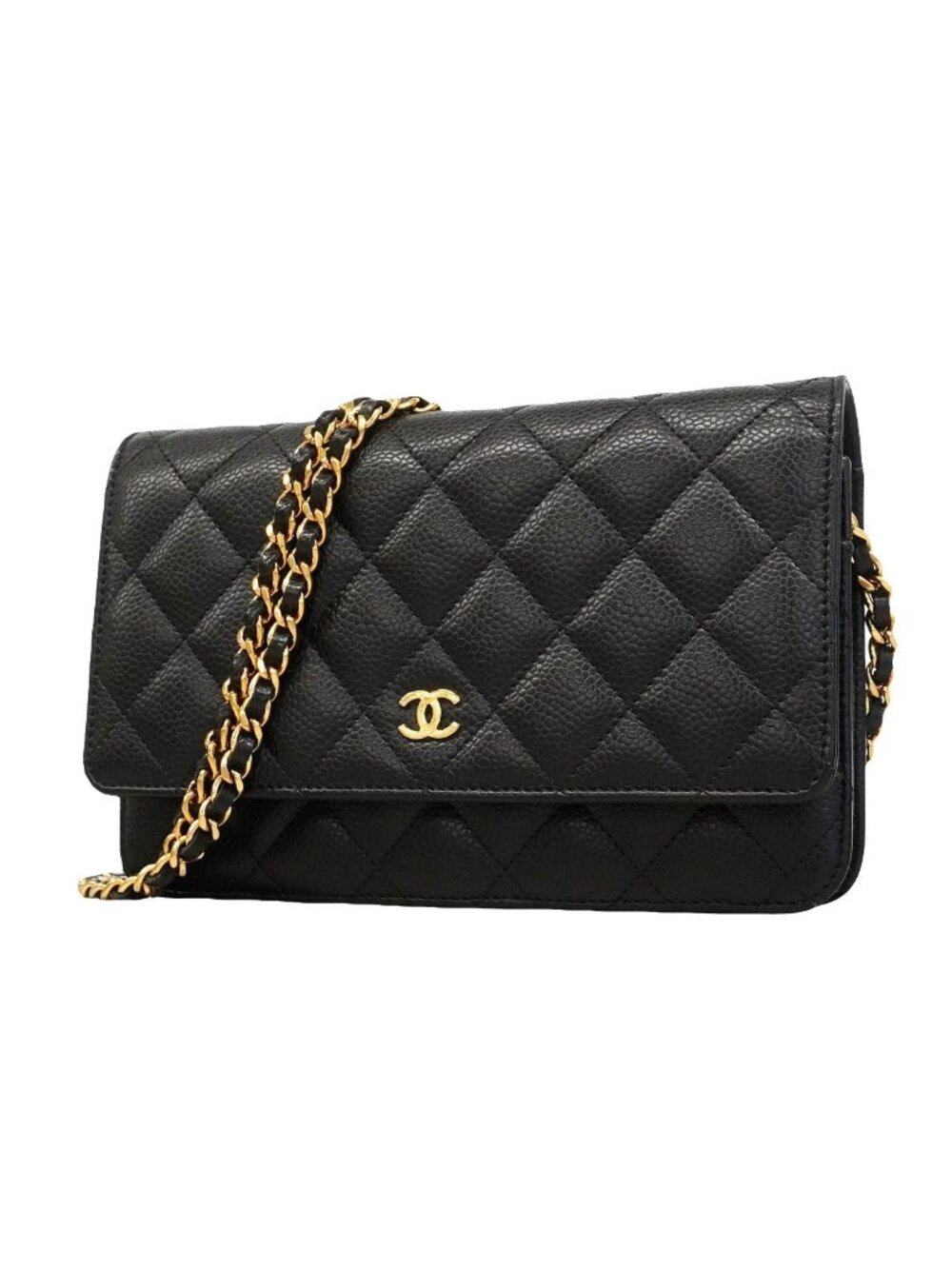 Chanel Wallet on Chain Quilted Caviar Leather Black Gold Shoulder Bag